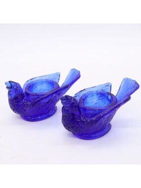 Set of 2 Cobalt Blue Glass Bird with Berry Open Salt Cellars